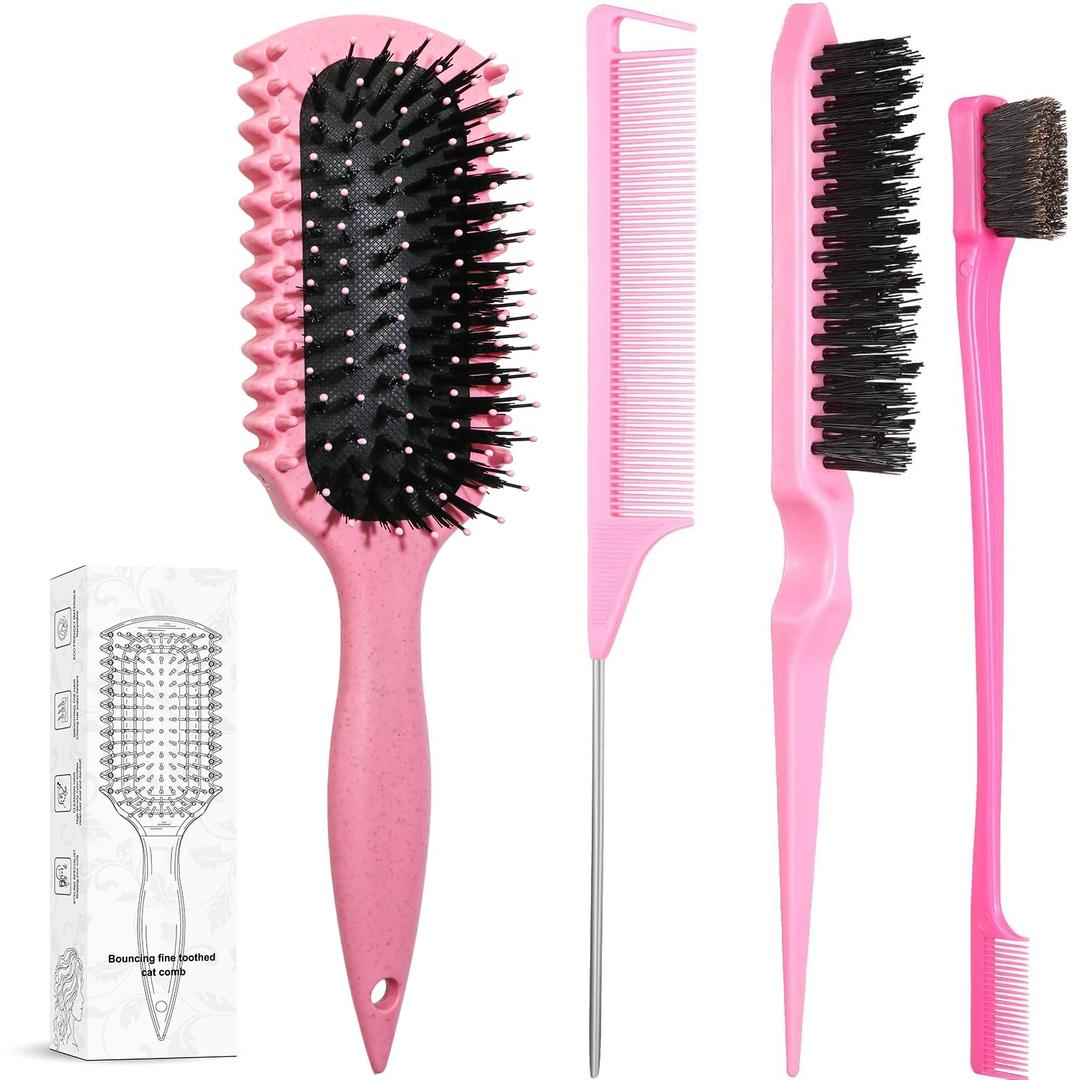 Curl Defining Brush, Curly Hair Brush Products With 3 Pcs Slick Back Hair Brush Set Bristle Brush Edge Control Teasing Comb for women (Pink)