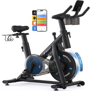 MERACH Exercise Bike, Brake Pad Stationary Bike with Exclusive App, Low Noise Indoor Cycling Bike with 300lbs Weight Capacity, Tablet Mount and Fitness Courses for Weight Loss (Magnetic-Black)