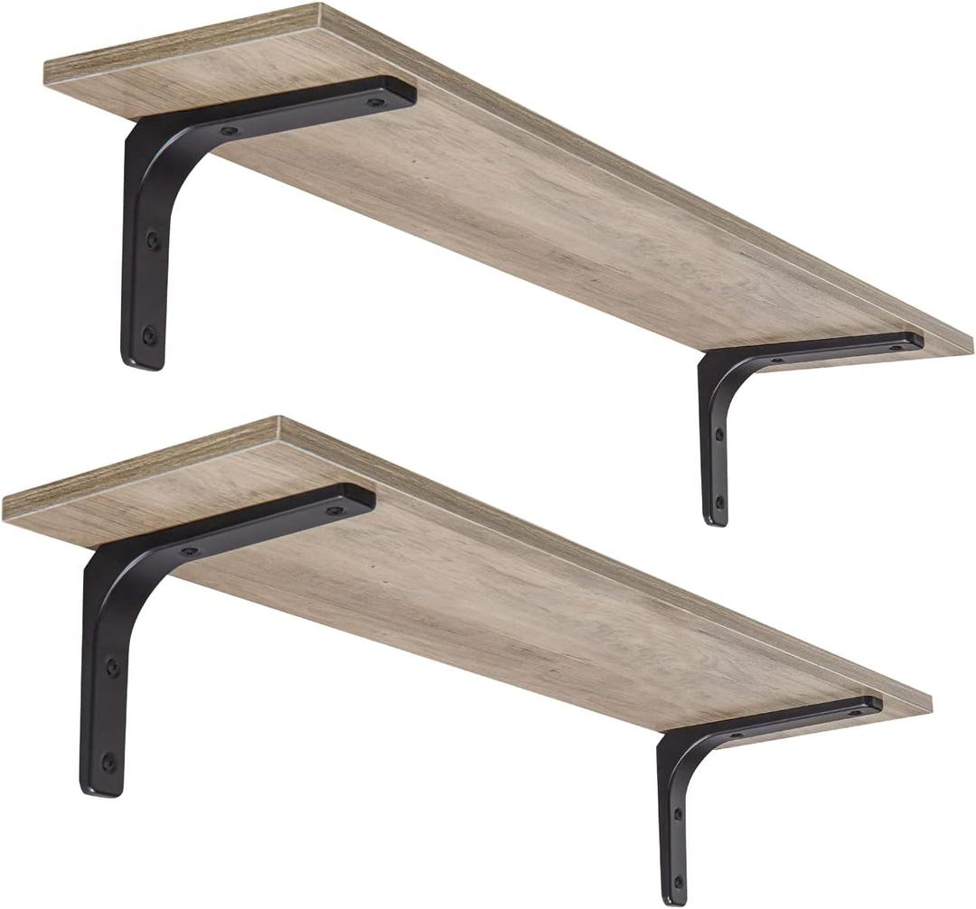 DINZI LVJ Long Wall Shelves, 31.5 Inch Wall Mounted Shelves Set of 2, Easy-to-Install, Wall Storage Ledges with Sturdy Metal Brackets for Living Room, Bathroom, Bedroom, Kitchen, Greige (31.5 Inch, Greige)