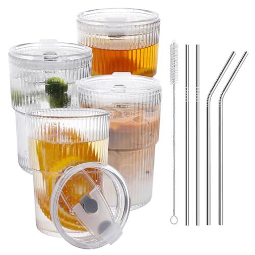 RÉΑLWÁY 16 OZ Iced Coffee Cups with Lids and Straws Set of 4, Unbreakable Plastic Drinking Glasses Reusable Iced Coffee Glass to Go Cup for Iced Tea, Juice, Water, BPA Free, Dishwasher Safe