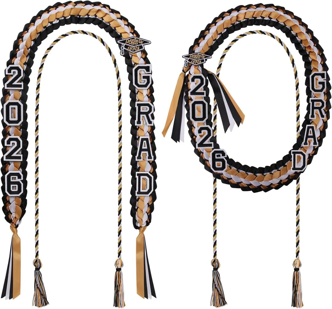 Graduation Lei Set for 2026 Grads, Woven Lei with Honor Cord, Double Braided Ribbon Lei for 2026 Graduate Ceremony Party (Gold, Black and White)