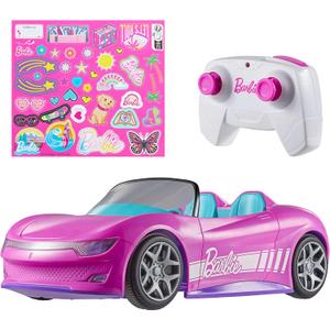 Hot Wheels Barbie RC Toy Car, Remote-Control Pink Convertible, Can Hold 2 Barbie Fashion Dolls & Trunk Opens for Storage, Sticker Sheet for Customizing