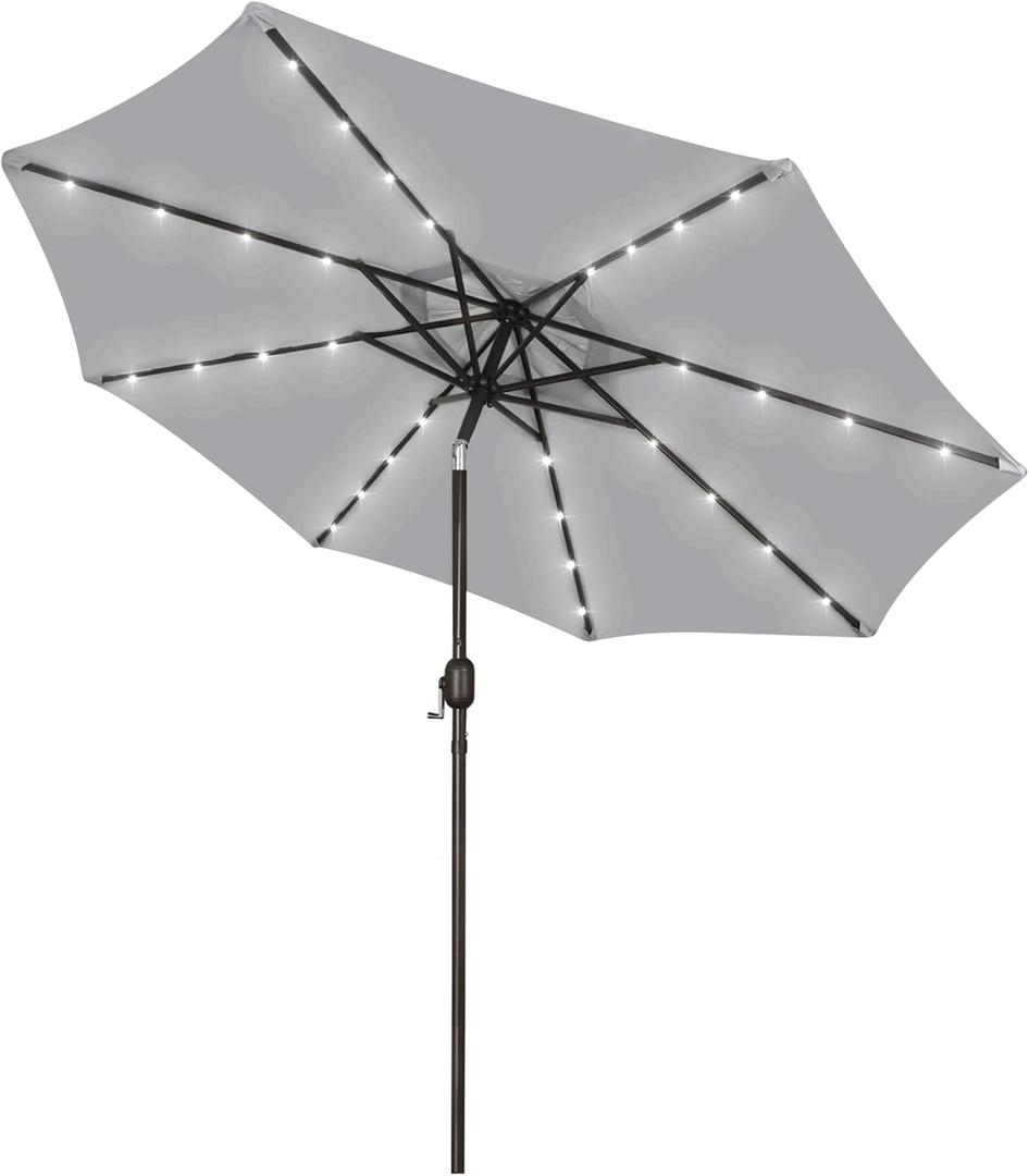 Blissun 9 ft Solar Umbrella, Patio Umbrella with 32 LED Lights, Table Market Umbrella, Outdoor Umbrella for Garden, Deck, Backyard (Light Grey)