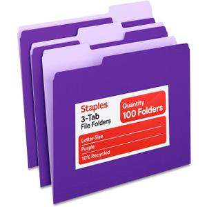 Staples File Folders, Letter Size, 1/3‑Cut Tabs, Purple, Durable 10.5‑Point Paper Stock, 100/Pack