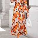 ZESICA Women's Floral Long Sleeve Midi Dresses 2026 Fall Boho V Neck Belted High Wasit Flowy Wedding Cocktail Party Dress (S)