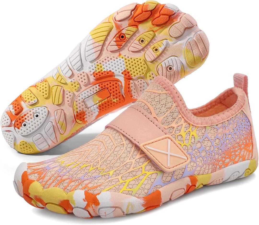 ATHMILE Kids Water Shoes Boys Girls Water Shoes Quick Dry Barefoot Beach Sports Swim Pool Summer Shoes(Little Kid/Big Kid) (1.5-2 Big Kid, Orange Cobweb)