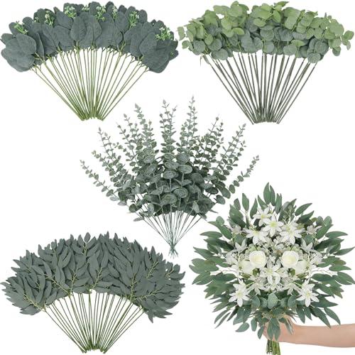 120 Pcs Artificial Eucalyptus Stems, 4 Kinds Mixed Faux Greenery Stems Fake Silver Dollar Eucalyptus Leaves Bundle for DIY Bouquets Centerpiece Spring Floral Arrangement Wreath Home Wedding Decor
