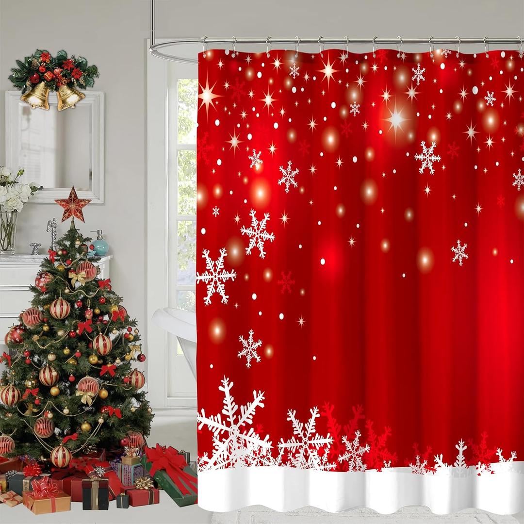 YOSTEV Christmas Shower Curtain, Red Christmas Snowflakes Shower Curtains for Bathroom Decor, Red Winter Holiday Shower Curtain, Xmas Funny Glitter Sparkle Fabric Cloth Bath Curtain, 72x72 Inch