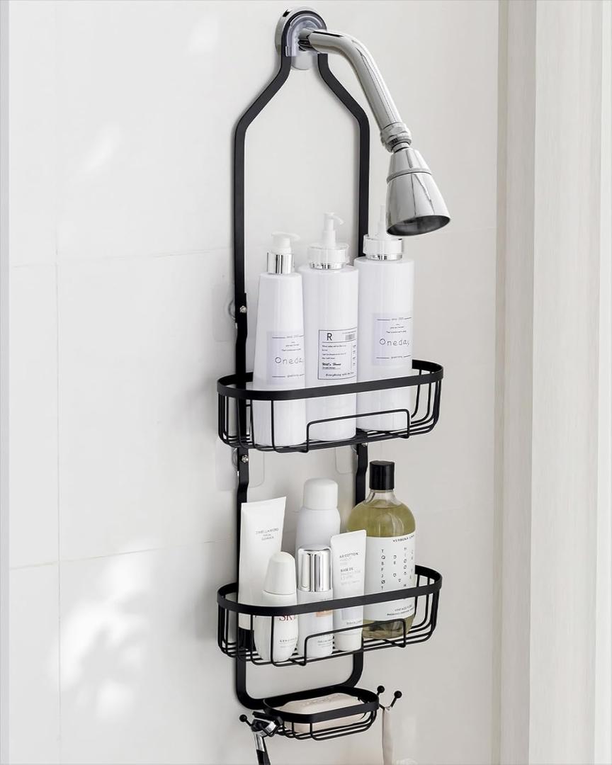 Baffect Shower Head Caddy, Upgraded Extended Metal Shower Storage Rack, Rust-Resistant Bathroom Organizer with Soap Holder and Hooks (Matte Black)