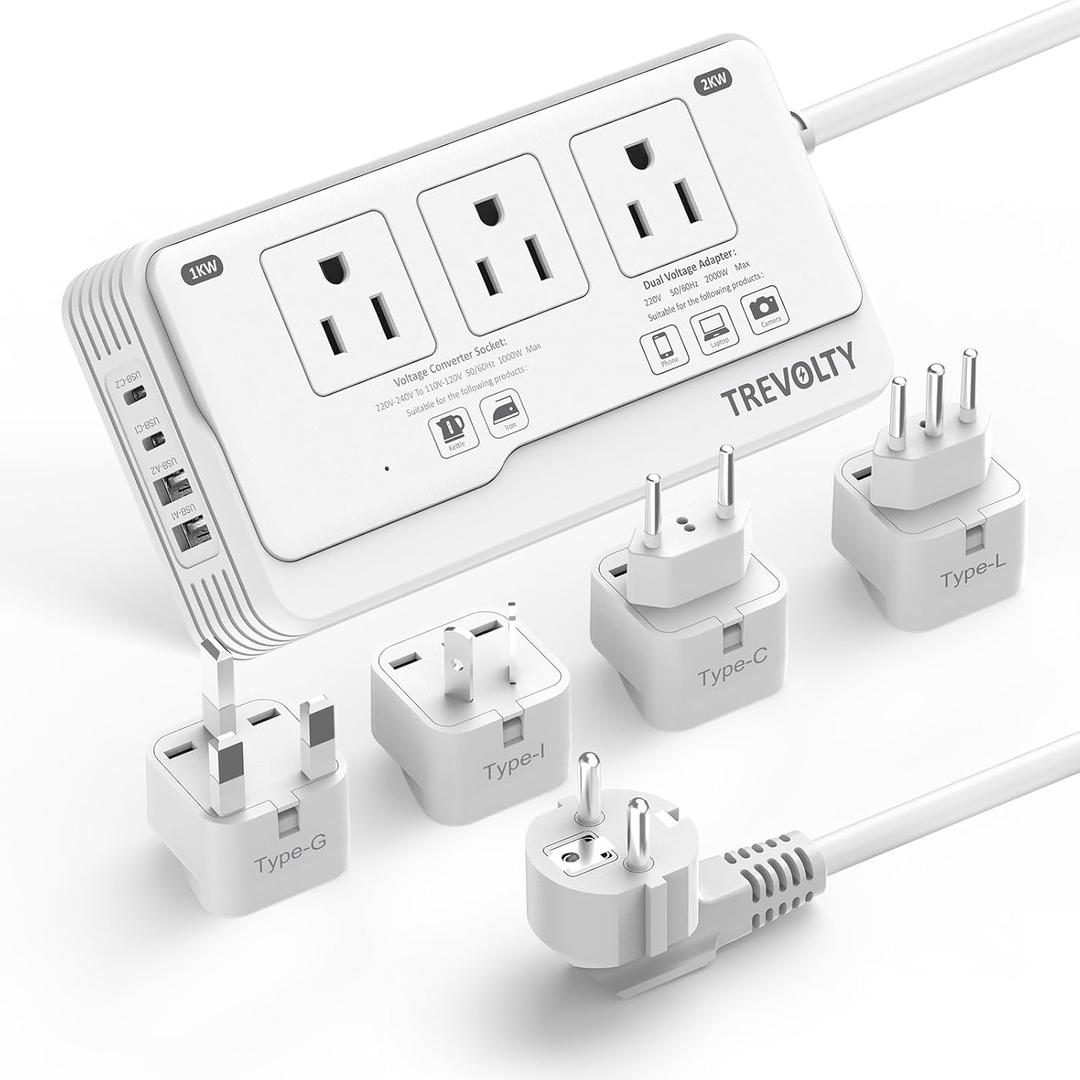 TREVOLTY 2000W Voltage Converter US to Europe for Hair Dryer, 220V to 110V Converter for European Travel with 3 AC 2 USBC 2 USBA Ports, European Travel Plug Adapter with Type C/G/I/L (White)