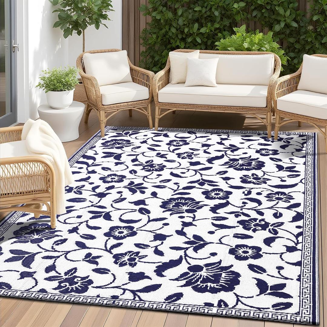 OLANLY Waterproof Outdoor Rug 5x8 ft, Outdoor Plastic Straw Rug with Flower Pattern, Reversible RV Mat for Patio, Camping, Balcony, Deck, Backyard, Navy & White