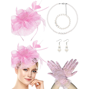 1920s Vintage Fascinators Hat Set for Women Tea Party Hats Veil Mesh Feather Headband Lace Gloves Set