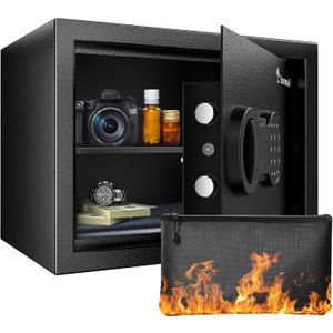 Bonsaii Safe Box with Fireproof Bag, Home Safe with Removable Shelf for Money Documents Jewelry Valuables, 0.6 Cubic Feet, 9.84"D x 13.78"W x 9.84"H, Black