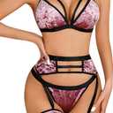 popiv Women's Sexy Lingerie Set with Garter Belt Matching Bra and Panty Lingeries Sets 4 Piece (Large, Velvet Pink)