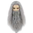 Mens Long Gray Wig with Beard Old Man Grey Wizard Wig Heat Resistant Synthetic Hair for Halloween Cosplay Costume Party