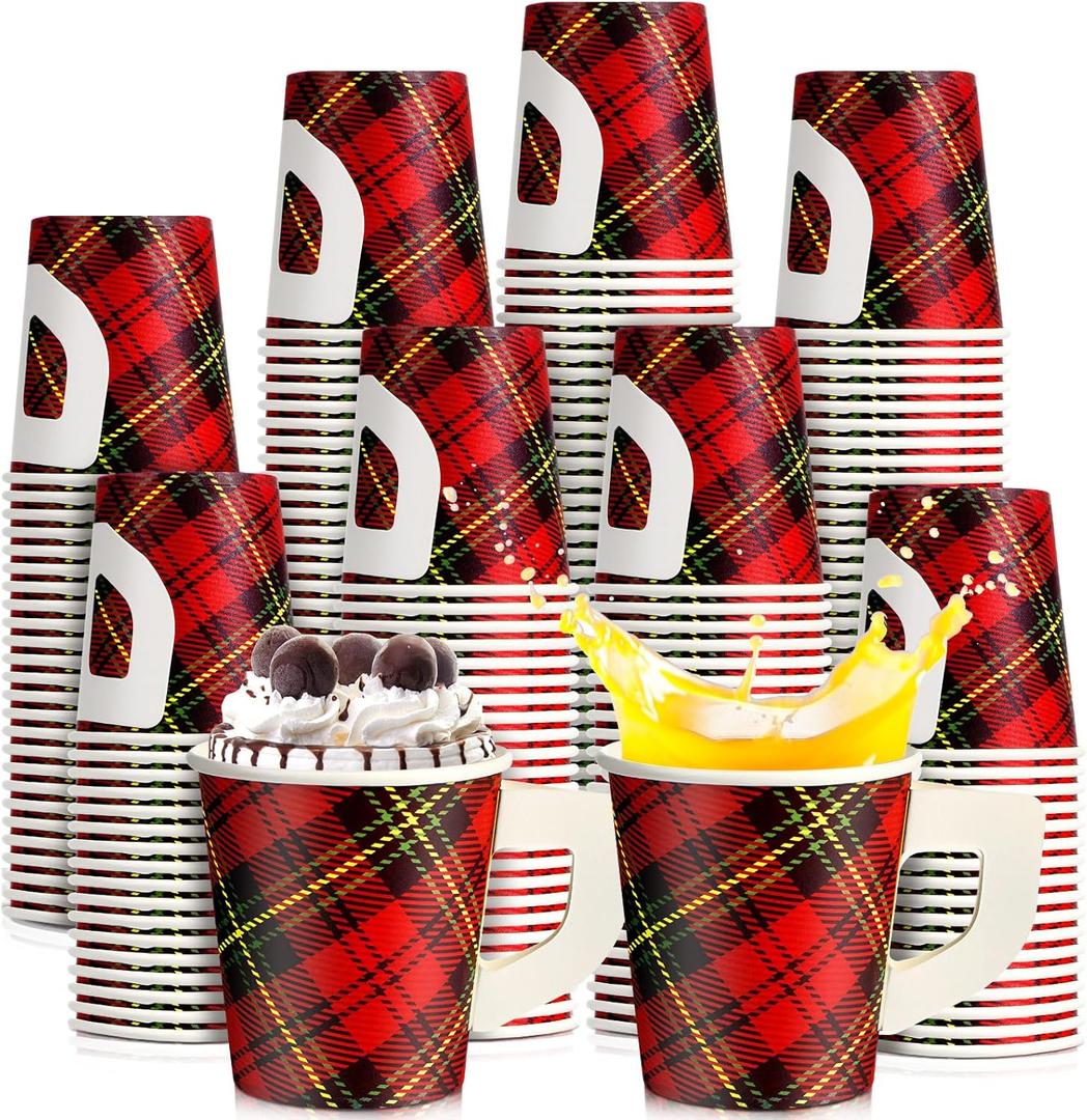 Maxcheck 100 Pieces Christmas Paper Cups with Handle 7 oz Holiday Disposable Cups Drinking Hot Chocolate Coffee Cup for Xmas Daily Use Bar Accessories Party Decoration (Buffalo Plaid)