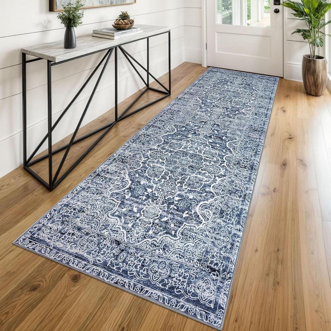 KUTA Vintage Washable Runner Rug, 2.6x8 Runners for Hallways Non-Slip Blue Kitchen Rugs Ultra Soft Printed Tribal Floor Carpet for Bedroom Living Room Nursery Playroom (2'7" x 8' (Runner), Blue Floral)