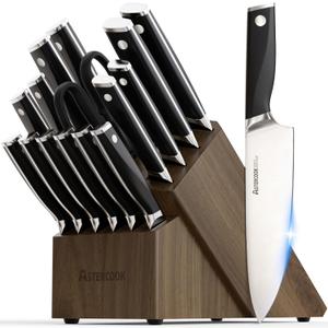 Astercook Knife Set, Kitchen Knives Set with Block and Sharpener Full Tang 17 Pcs German Stainless Steel Knives Sharp Blade Dishwasher Safe Premium Knife Set, Black Mothers Day Gifts for Women