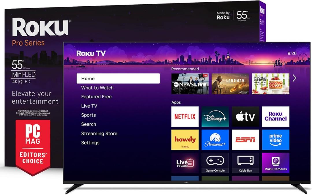 Roku Smart TV  55-Inch Pro Series, Mini-LED TV  RokuTV with Backlit Voice Remote Pro  Flat Screen 4K QLED Television with 120Hz Refresh Rate & Dolby Vision IQ, Live News, Sports, Entertainment