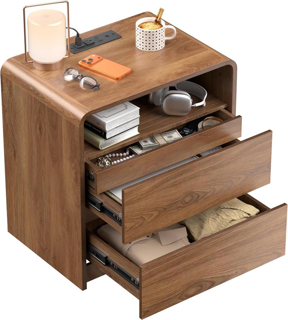 23.8" Modern Nightstand with Hidden Drawers Walnut Night Stand with Charger Station Mid Century Bedside Table Curved Wood Side Table for Bedroom Dorm, 21.85" X 15.75" X 23.8"