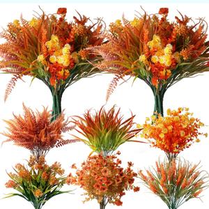 YXYQR Outdoor Artificial Fall Flowers Mums Plants Autumn Decor, UV Resistant, Look Real 12 Bundles Outside Fake Daisy Eucalyptus Wheat Ferns Arrangement Faux Greenery for Garden Pots Yard Window Box (Orange)