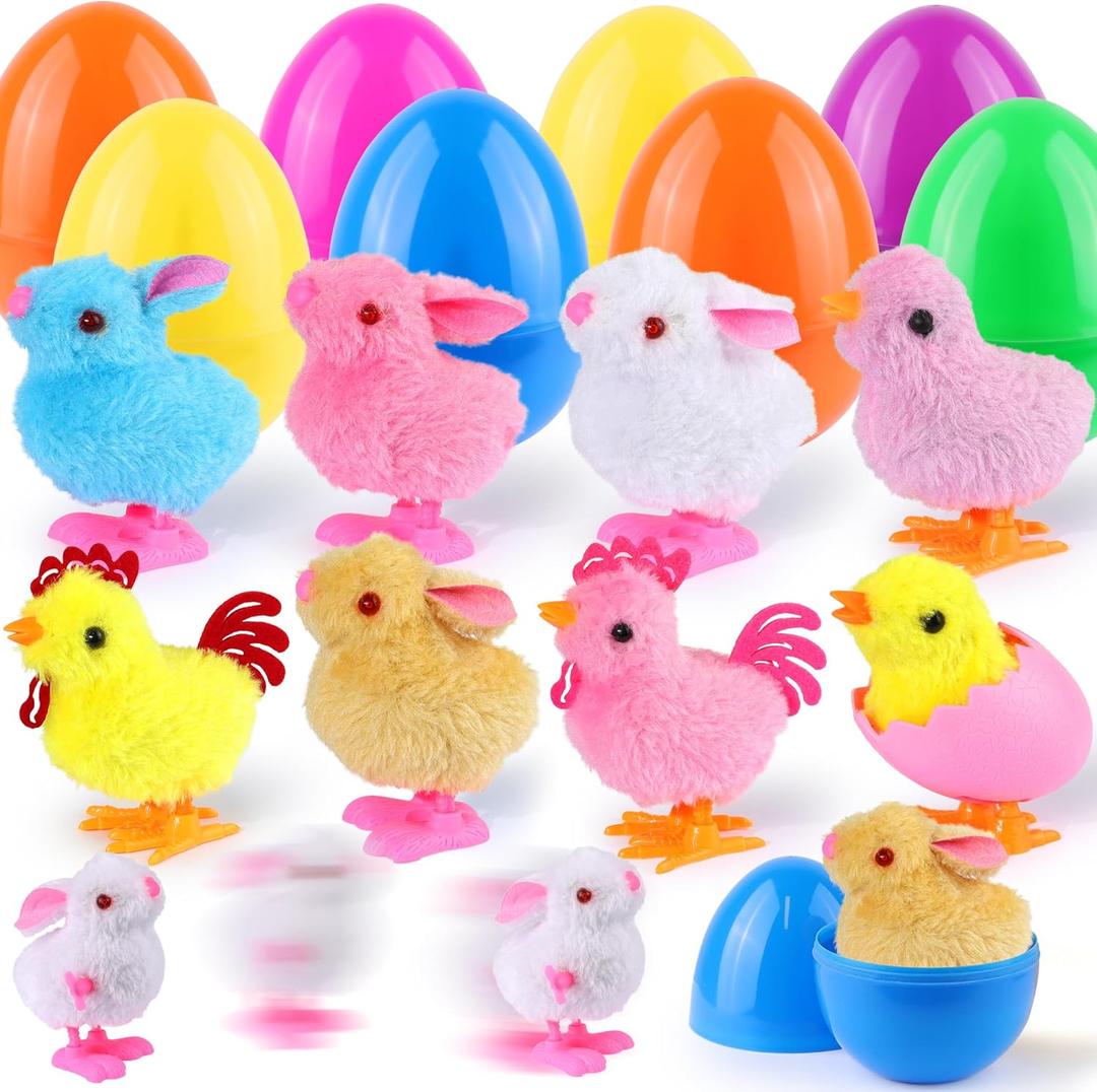 Grastfu 8 Pack Jumbo Easter Eggs Filled Wind Up Toys, Colorful Plastic Egg with Wind Up Jumping Chicks Bunny Plush, Easter Basket Stuffers Fillers Easter Hunt Party Favors for Kids
