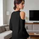 Womens Cold Shoulder Tunic Tops, Lace Trim V Neck Blouse Sexy Hollow Long Sleeve Shirts Trendy Dressy Casual (Black)