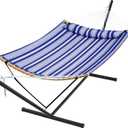 SUPERJARE Hammock with Stand, 2 Person Heavy Duty Hammock with Padded Cotton, Detachable Pillow & Strong Curved-Bar & Portable Carrying Bag, Perfect for Outdoor & Indoor, Navy Blue Stripe