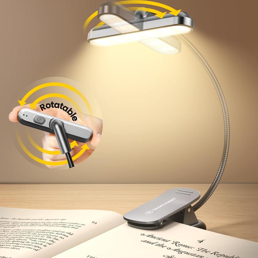 Glocusent Book Light Rotatable: 22 Led Rechargeable Book Light for Reading in Bed with Timer - Eye Caring 3 Color Temperatures, Stepless Dimming, 100Hrs Runtime Clip on Reading Light for Book Lovers (Gray)