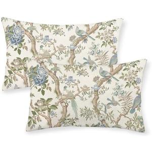 Blue Green Floral Bird Pillow Covers 12x20 Set of 2 Chinoiserie Throw Pillows Green Vintage Flowers Bird Decorative Pillow Cases Outdoor Farmhouse Lumbar Decor Cushion Case for Couch Sofa