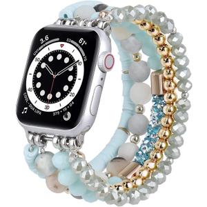 VISOOM Beaded Boho Bracelet Compatible for Apple Watch bands 38404142mm Women - Dressy iWatch Band Women for Apple Watch Series 11/10/SE/9/8/7/6/5/4/3/2/1, Bling Beaded Apple Watch Bracelet Band (Light Blue)