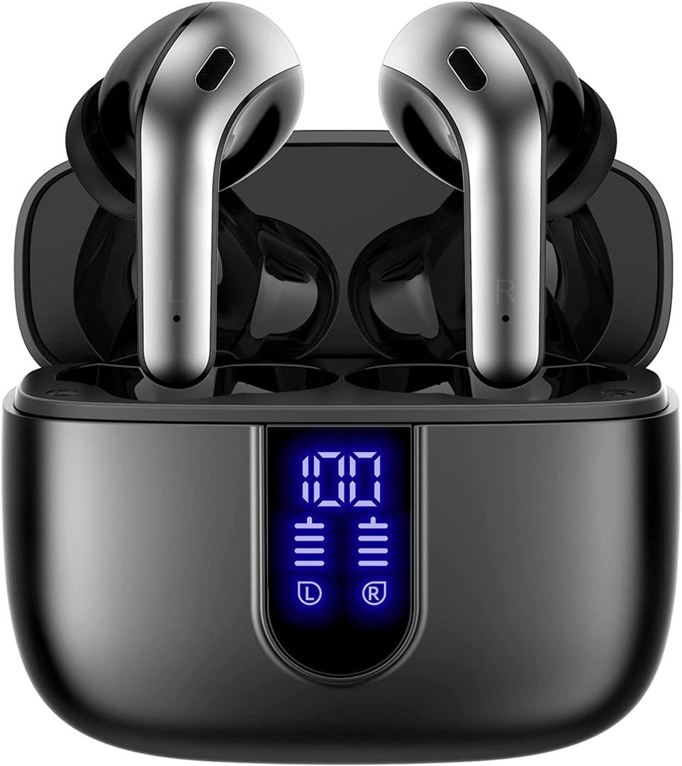 TAGRY Bluetooth Headphones True Wireless Earbuds 60H Playback LED Power Display Earphones with Wireless Charging Case IPX5 Waterproof in-Ear Ear buds with Mic for TV Smart Phone Laptop Computer Sports (Black)