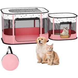 Portable Cat Playpen, 8-Rod Reinforced Kitten Dog Playpens, Foldable Play Pen for Indoor Cats Enclosed Pet Puppy Doggy Outdoor, Collapsible Tent Kennel Cage, Pink
