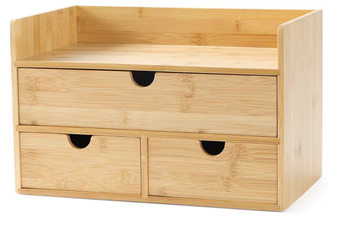 Wisuce Bamboo Desk Organizer, Mini Desktop Drawer Tabletop Storage Organization Box for Office Home Toiletries Supplies Vanity, No Assembly Required (3 Drawer with Shelf)