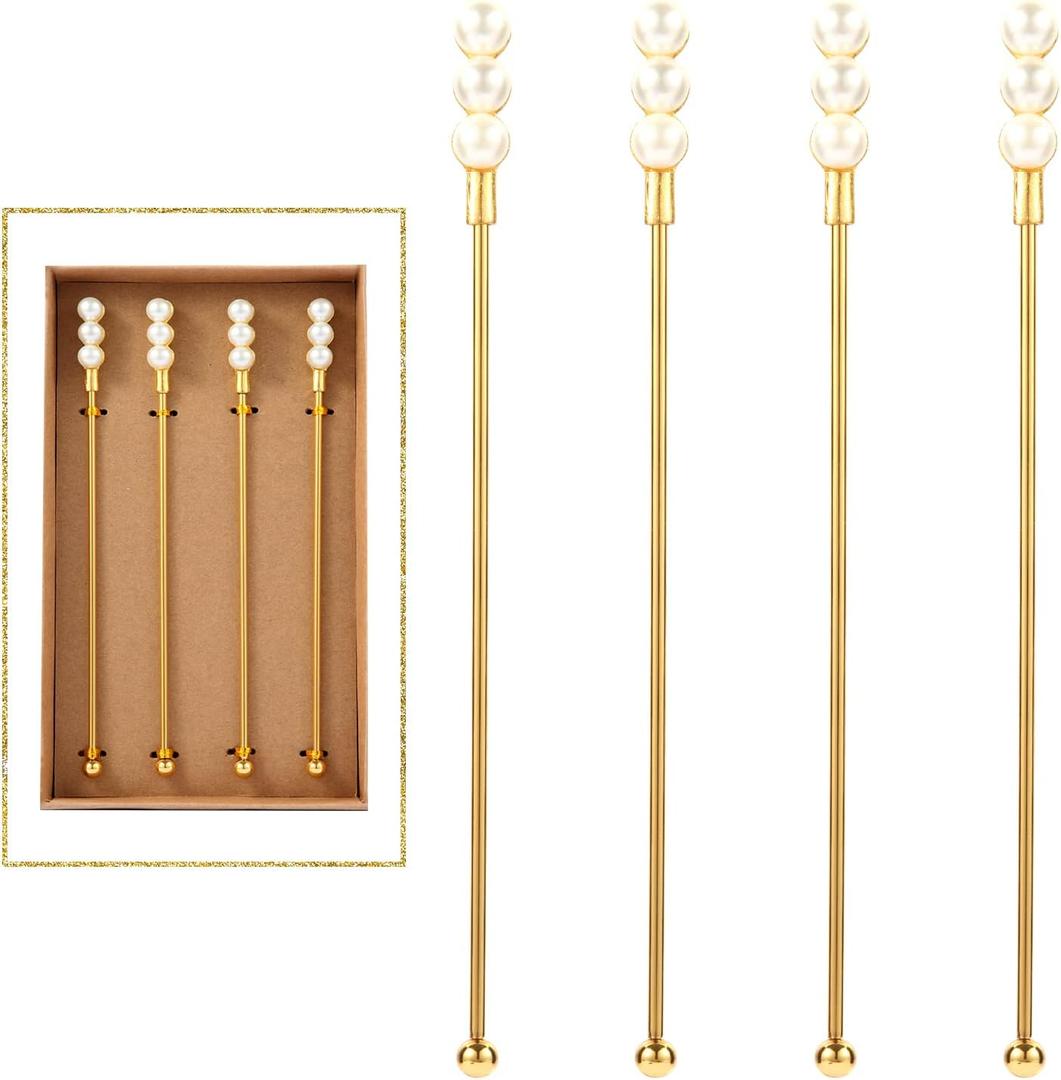 Exquisite Gold Pearl Stainless Steel Coffee Beverage Stirrers Stir Cocktail Drink Swizzle Stick for Wendding Party Value Pack, Hostess Gifts Set of 4, 7.5 Inches Long