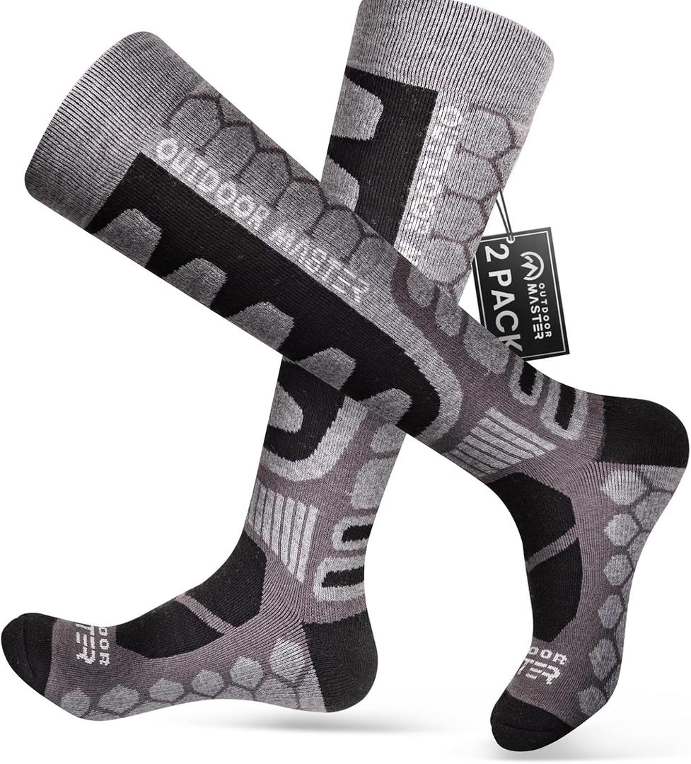 OutdoorMaster Merino Wool Ski Socks, 2/3 Pairs Compression Over The Calf for Men & Women, Winter Snowboard Thermal Socks (Black, XL)