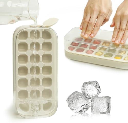Pack of 2 Ice Cube Tray with Lid and Bin 21 Pcs Quick-Fill Ice Cube Mold for Freezer Easy Press to Release White No-Touch Ice Cube Trays