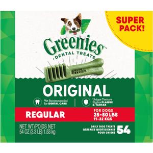 Greenies Veterinarian-Recommended Adult Natural Dental Dog Treats Regular Size, Dog Dental Chews, Original Flavor, 54 oz. Pack, 54 Count