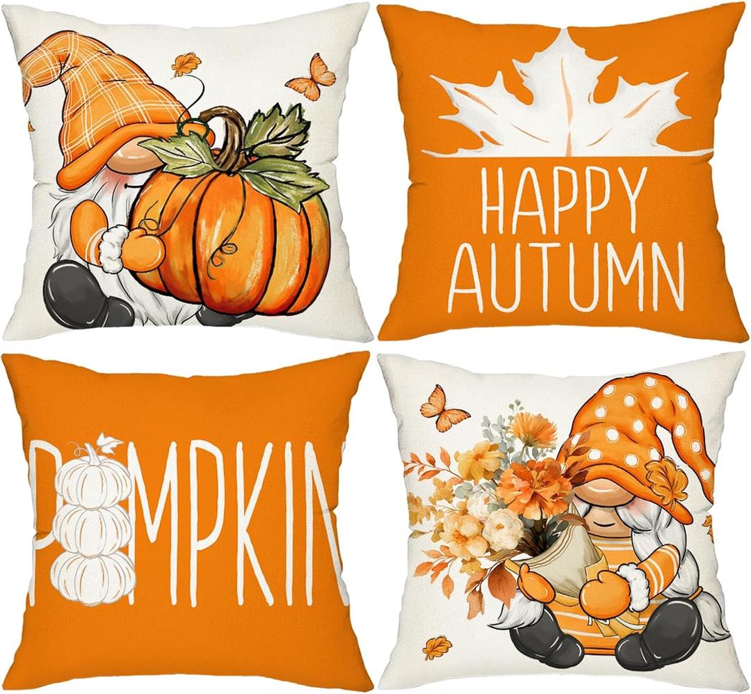 Gnomes Pumpkin Happy Fall Throw Pillow Covers 20x20 Set of 4 Burnt Orange Rust Modern Farmhouse Happy Autumn Maple Leaf Decorations for Sofa Couch Porch Bed Living Room