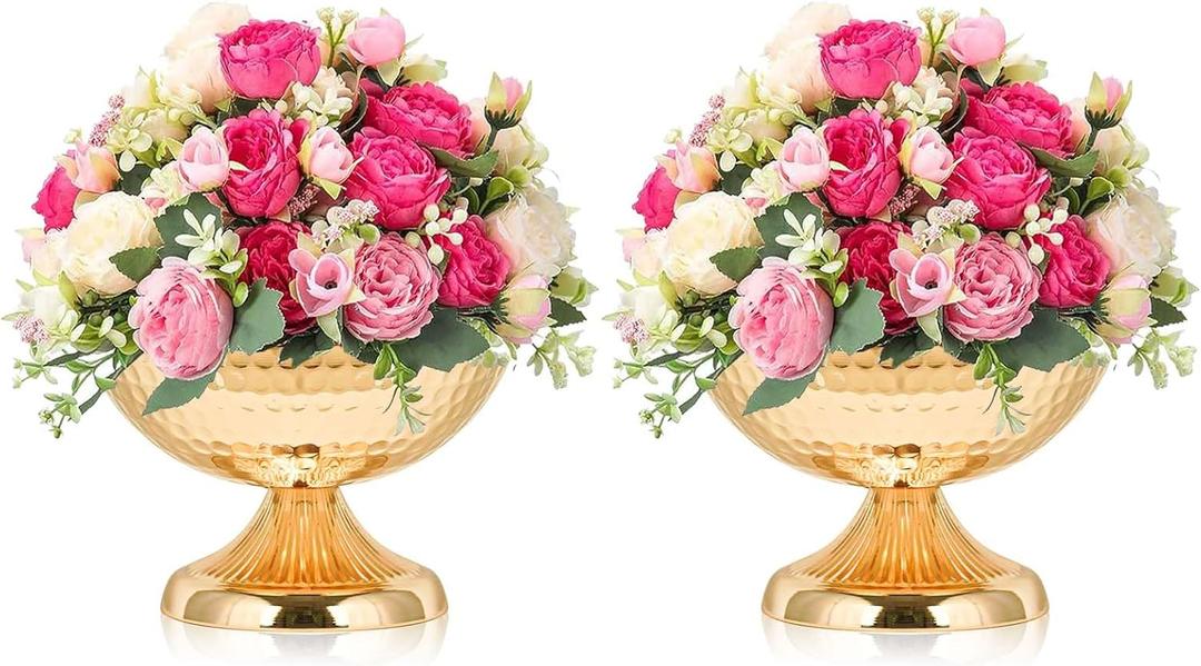 Metal Urn Vases for Centerpieces - 6.3" Tall Flower Pot Planters, Wedding Table Decor, Party Reception, Home Floral Arrangement (2, Gold)