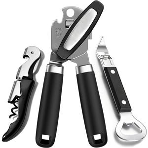 3PCS Can Opener Manual & Bottle Opener & Wine Opener, Smooth Edge Can Openers with Strong Magnet, Heavy Duty Stainless Steel Abrelatas Handheld Waiter Corkscrew - Premium Kitchen Supplies (Black)