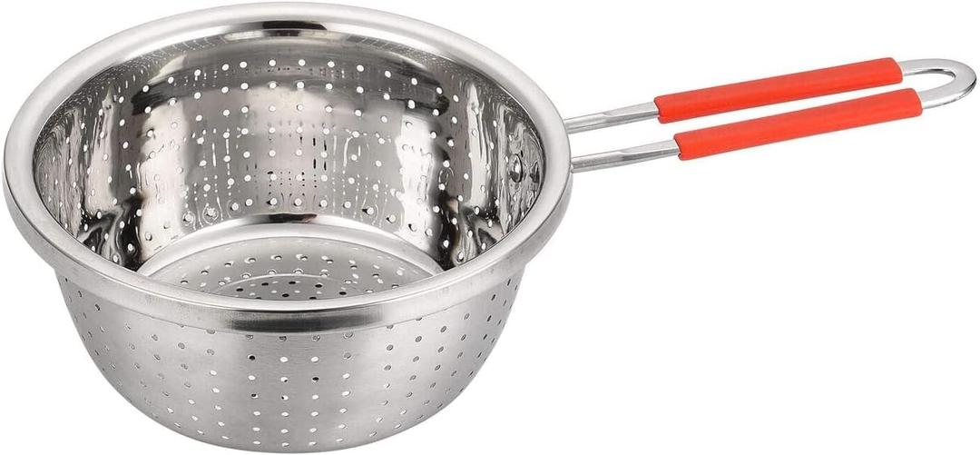 Stainless Steel Perforated Metal Colander Strainer with Long Red Handle Sieve Sifters Use for Kitchen Food Pasta Noodles Spaghetti Vegetables Silver - 7.9inch