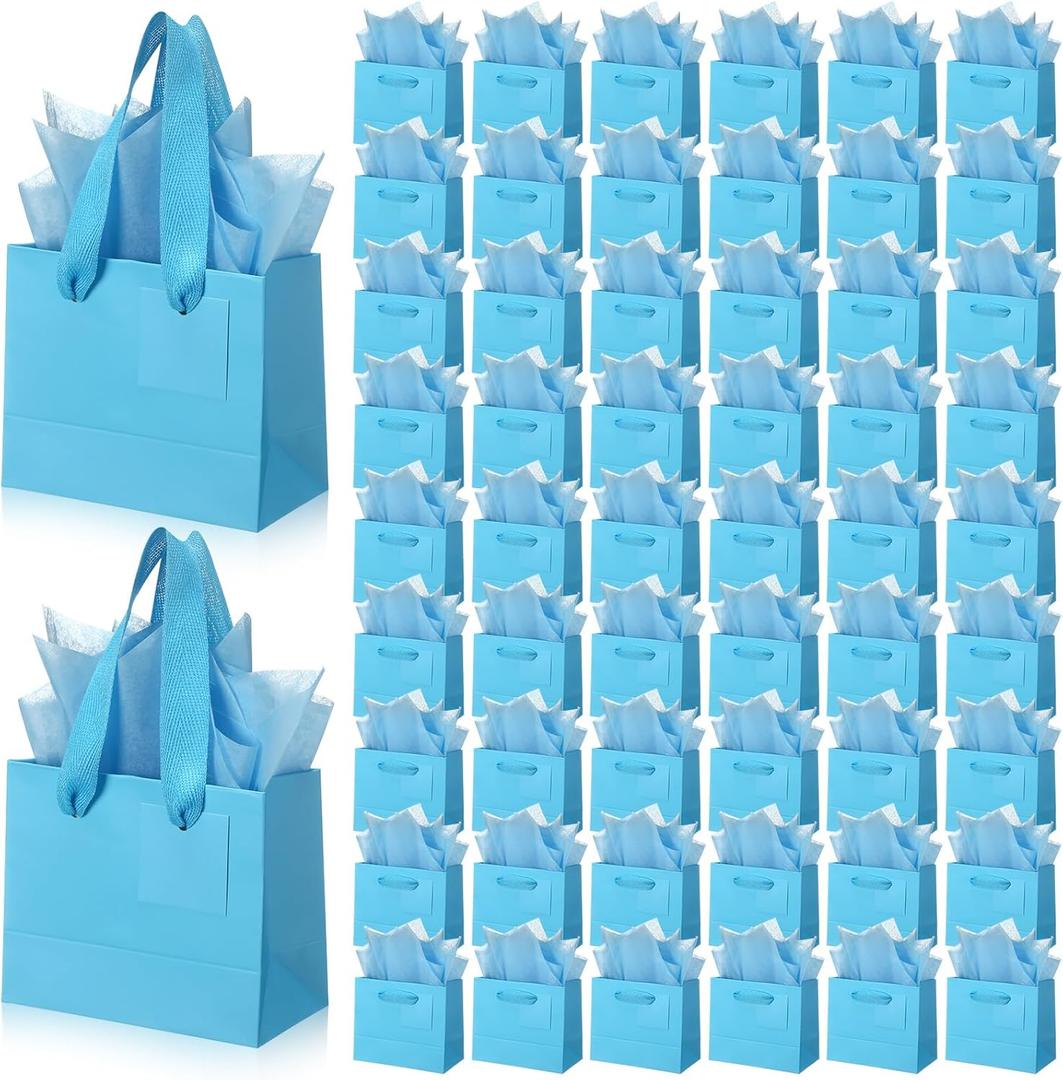Zhanmai 100 Pcs 4.7 x 2.4 x 3.9 Inch Mini Gift Bags Bulk with Tissue Paper Kraft Paper Bag with Handle Gift Tag for Birthday Party, Valentines Day, Baby Shower, Wedding, Mother's Day (Light Blue)