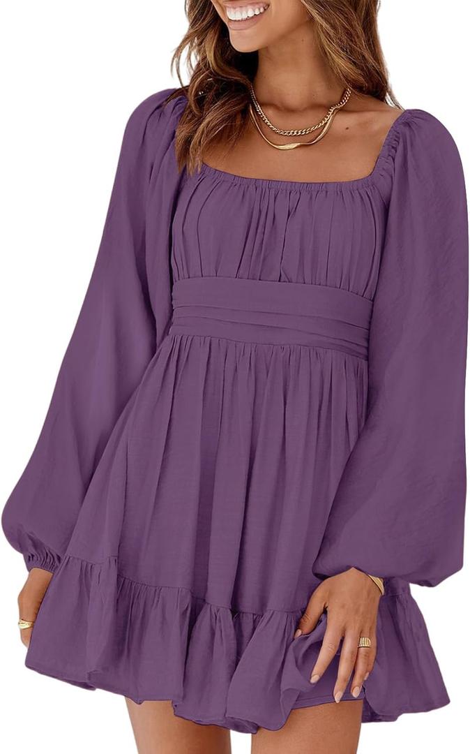 Dokotoo Womens Dress Long Lantern Sleeve Square Neck Tie Backless Sexy Dress Ruffle Elastic Waist A-Line Mini Dress (Purple, M)