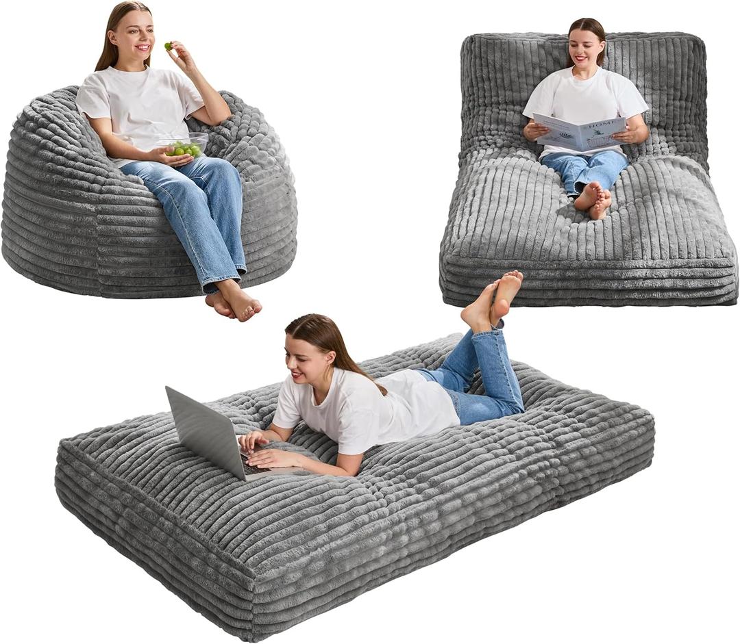 Hobestluk Bean Bag Chair Convertible Beanbag Chairs for Adults, 3 in 1 Bean Bags with Stripe Cover, Adult Bean Bag Chair for Living Room, Bedroom (Grey, Twin)