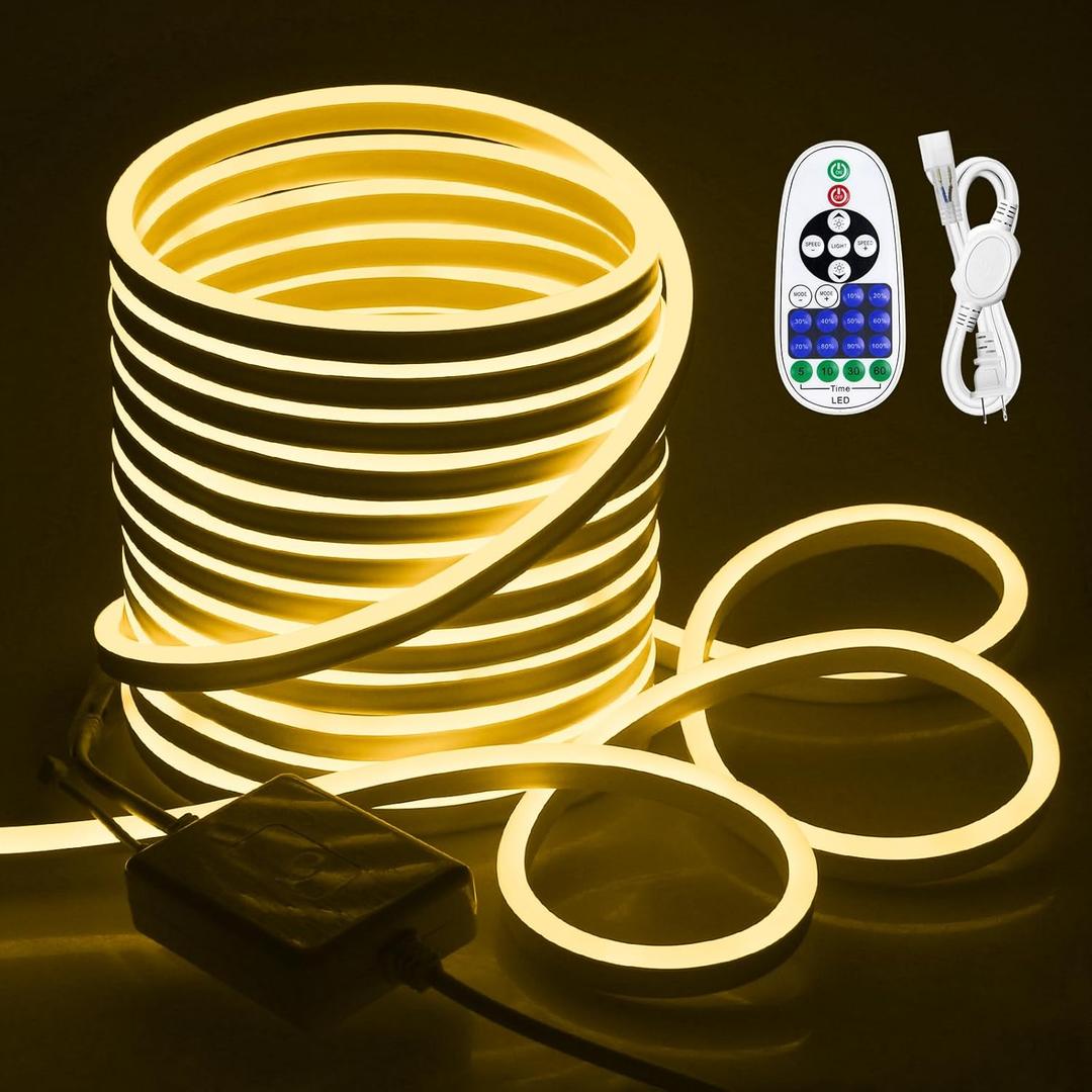 50FT Neon Rope Lights Dimmable Neon LED Light Strip Outdoor Waterproof 3000K Warm White LED Neon Flex 110V~130V AC LED Rope Light Remote Control for Indoor Garden Lighting Decor 120LEDs/M 15M