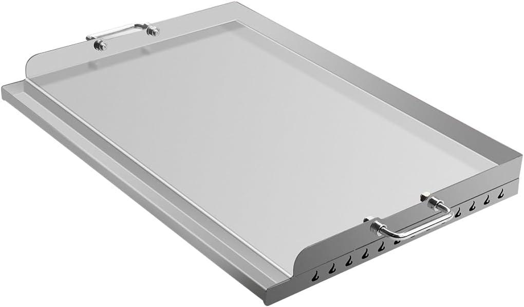 23" x 16" Universal Stainless Steel Cooking Griddle, Flat Top Plate Insert with Grease Groove and Handles for Gas and Charcoal Grills, Tailgating, Camping and Parties