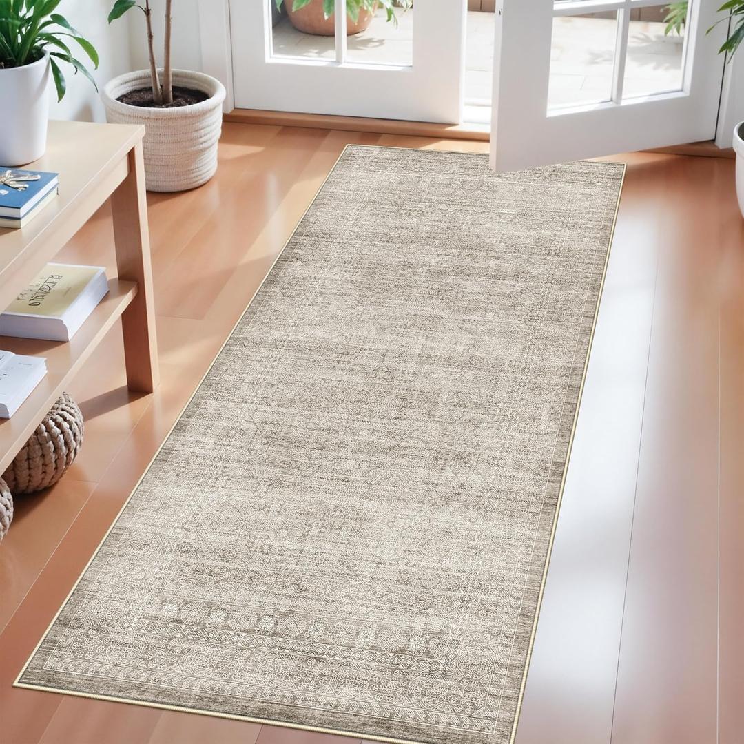 Washable 2x4 Abstract Kitchen Rug: Neutral Easy-Clean Soft Cozy Carpet Non-Slip Water-Resistant Floor Mat for Entryway Bedroom Bathroom Perfect for High-Traffic Areas with Pets(Beige/Ivory,2x4)