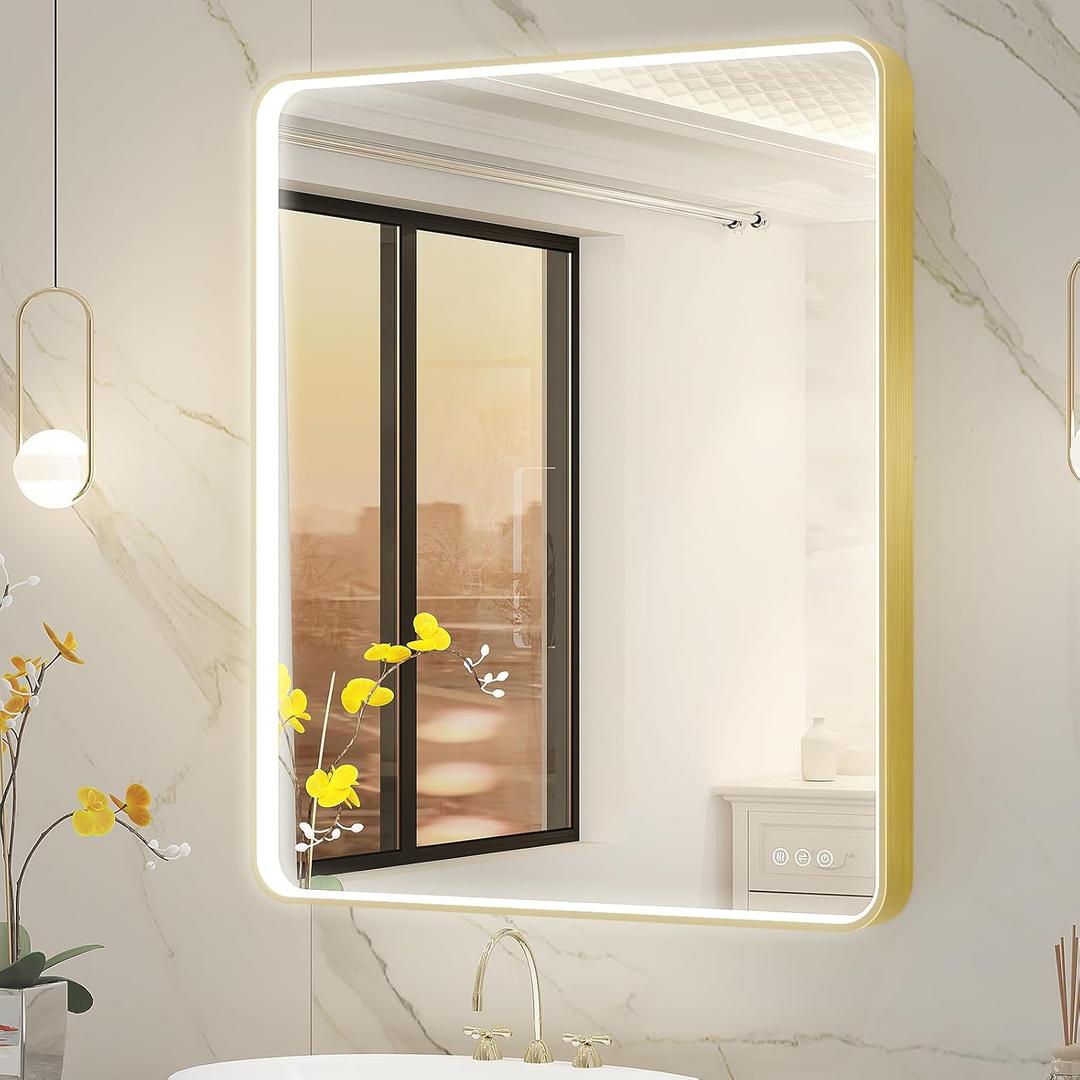 LED Mirror for Bathroom 30X36 Inch Gold Framed with Anti-Fog, Stepless Dimmable, Front Lit, LED Bathroom Vanity Mirror for Wall, Memory Function, Shatter-Proof