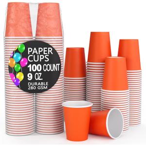Party Solids Orange Paper Cups 9 oz Durable Disposable Cups 100 Paper Tumblers for Hot Drinks and Cold Drinks Thick 280 GSM Hot Cup for Tea & Coffee Cup To Go Fun Colors for Parties & Events